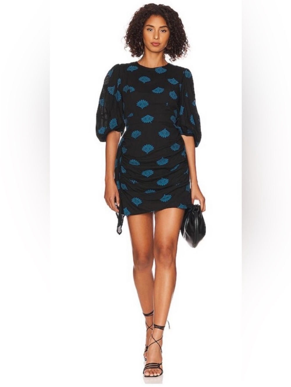 RHODE Sz 6 Pia Black Blue Embroidered Fans Ruched Ruffle Mini Dress Orig$450